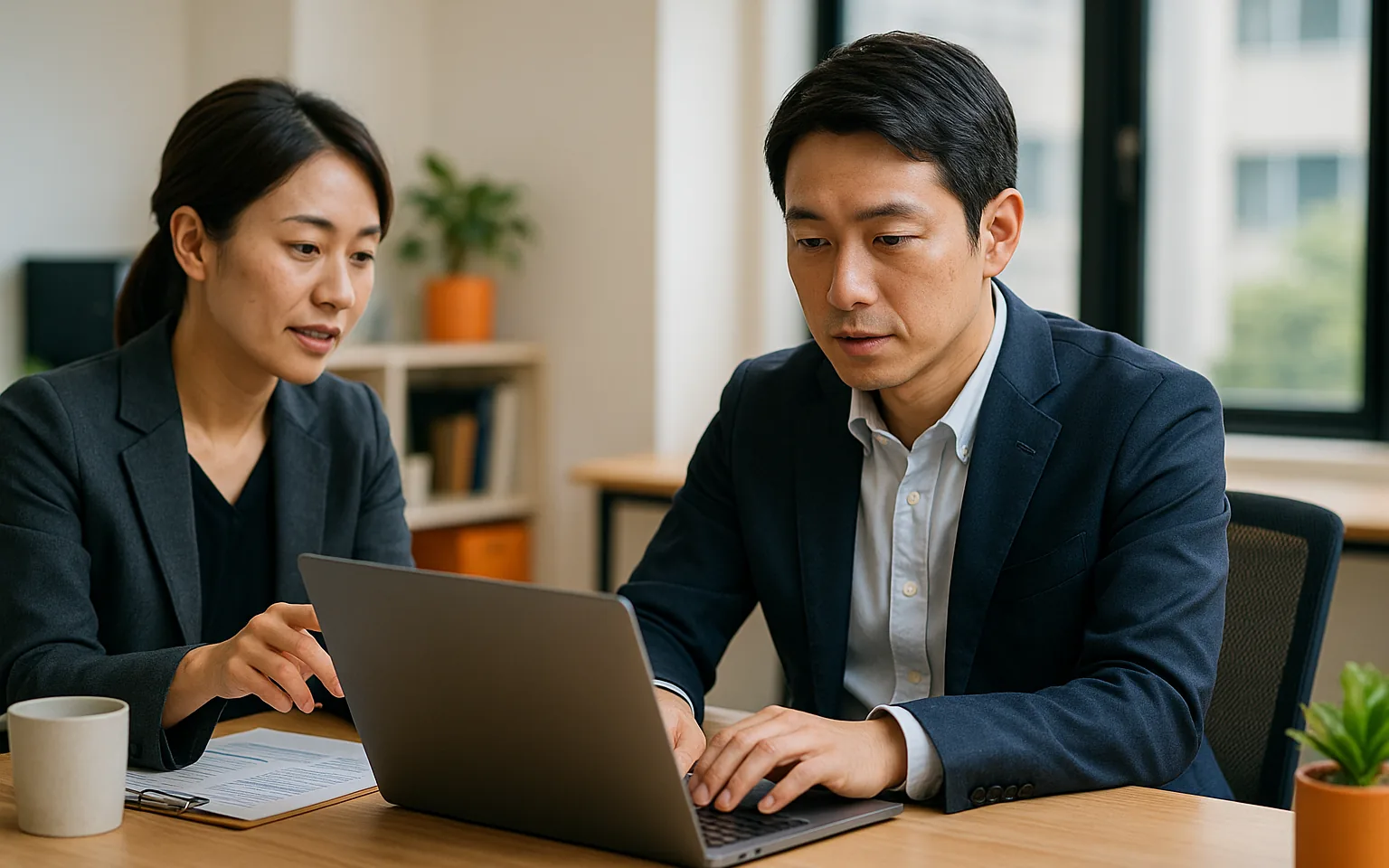 オフィスでノートPCを見ながら業務の進み方を確認している担当者と同僚