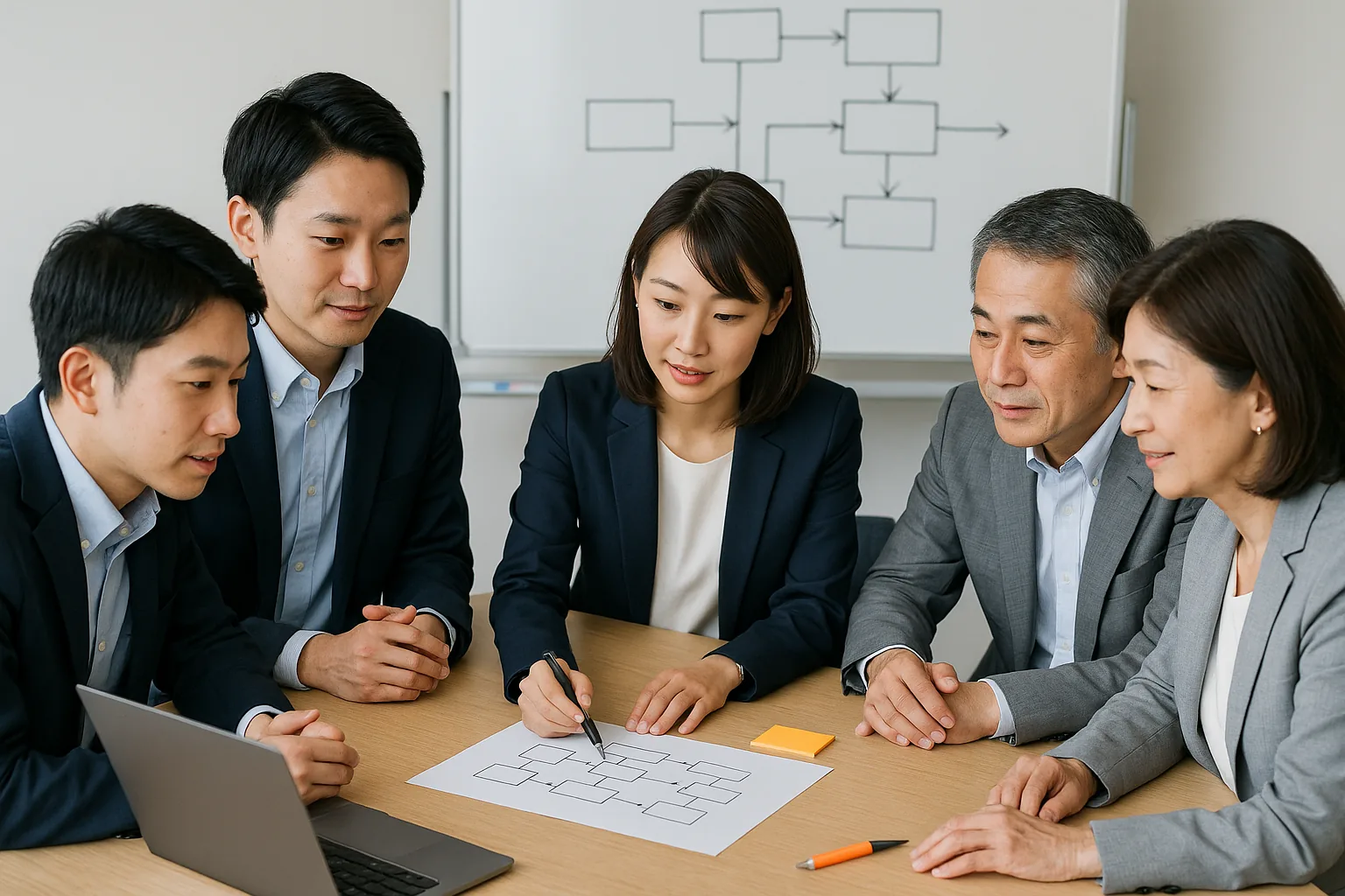 会議室で顧客企業の担当者とAI革命のメンバーが業務フローを整理している様子