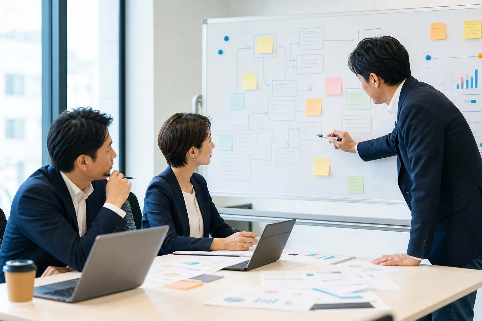 ホワイトボードに業務の流れを書き出しながら、事業方針と課題を整理している打ち合わせの様子