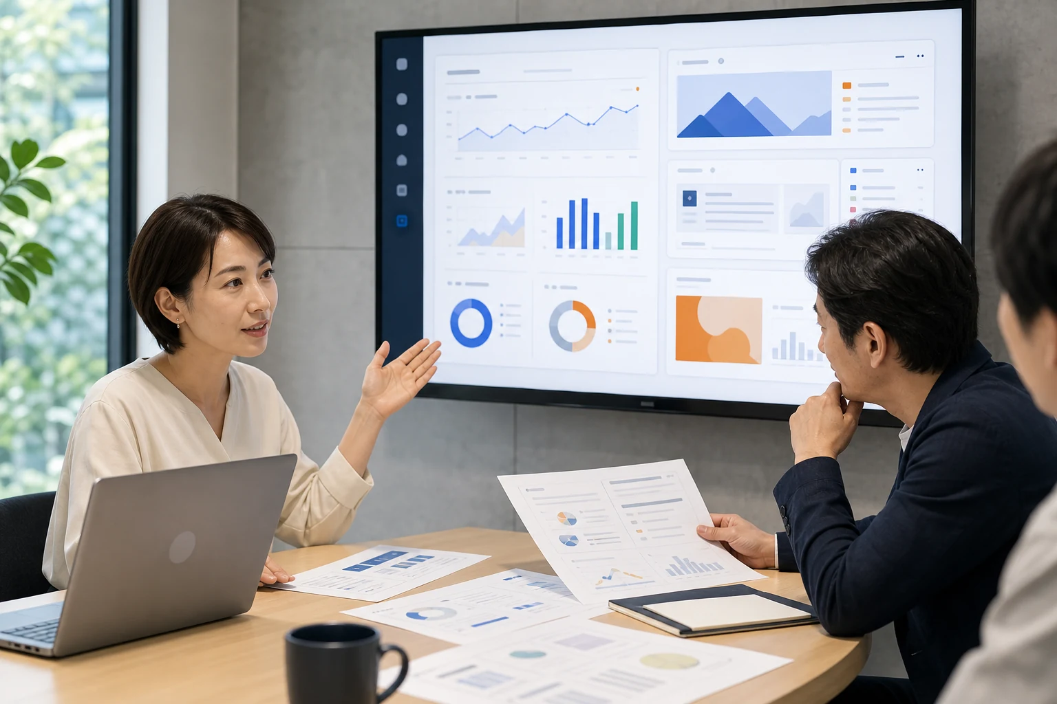 新しいサービスの案内方法について、資料を見ながら検討している様子
