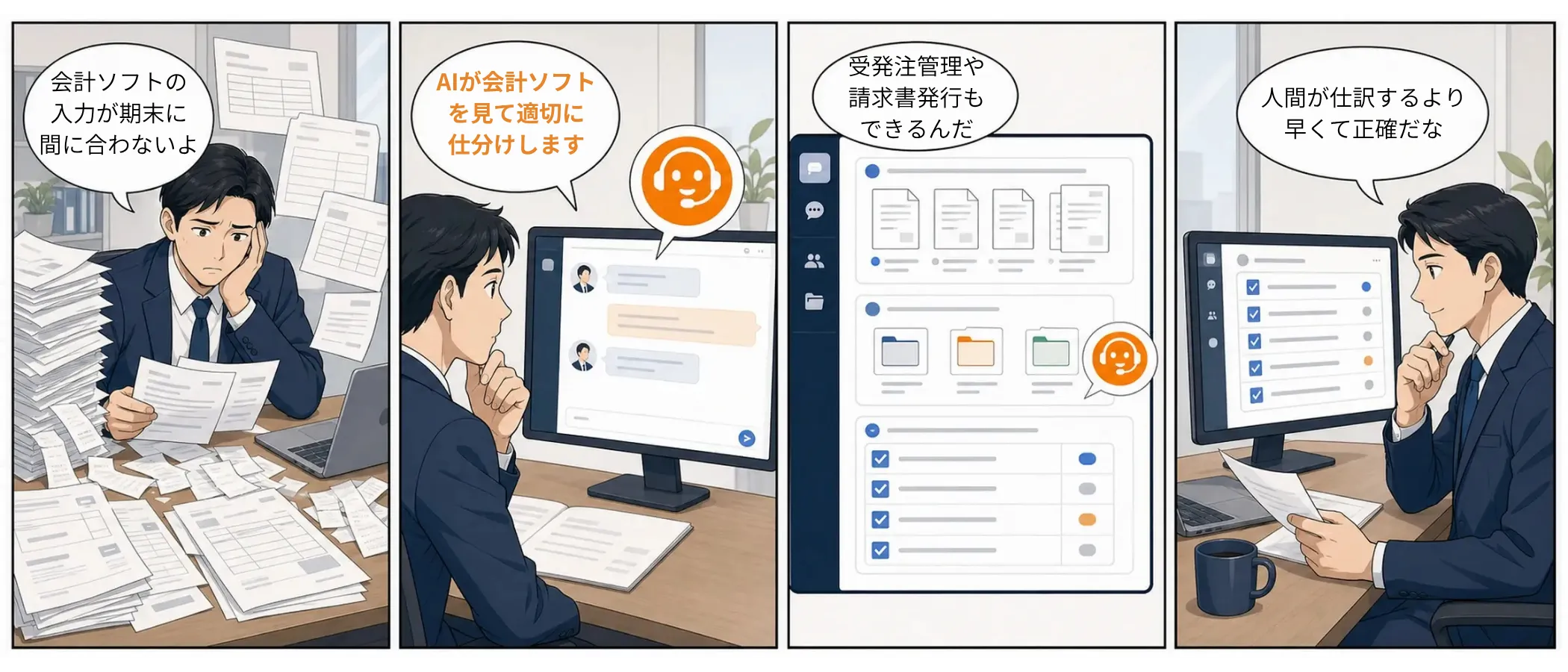 4コマ漫画:月末に経理処理が集中して困っている担当者が、チャットで証憑の整理と記帳を依頼し、月次の数値確認まで進む流れ