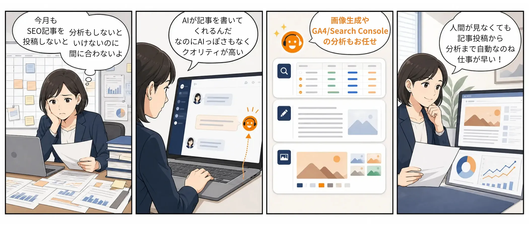 4コマ漫画:チャットで記事の本数配分を依頼し、テーマ案の確認を経て、記事制作からCMSへの投稿までが進む流れ